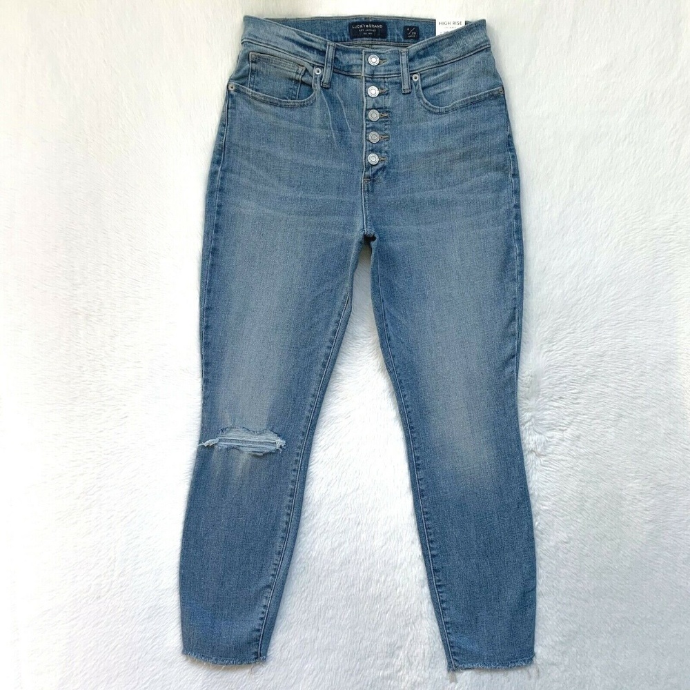 Lucky Brand Bridgette High Rise Exposed Button Fly Skinny Raw Ankle Crop Jeans